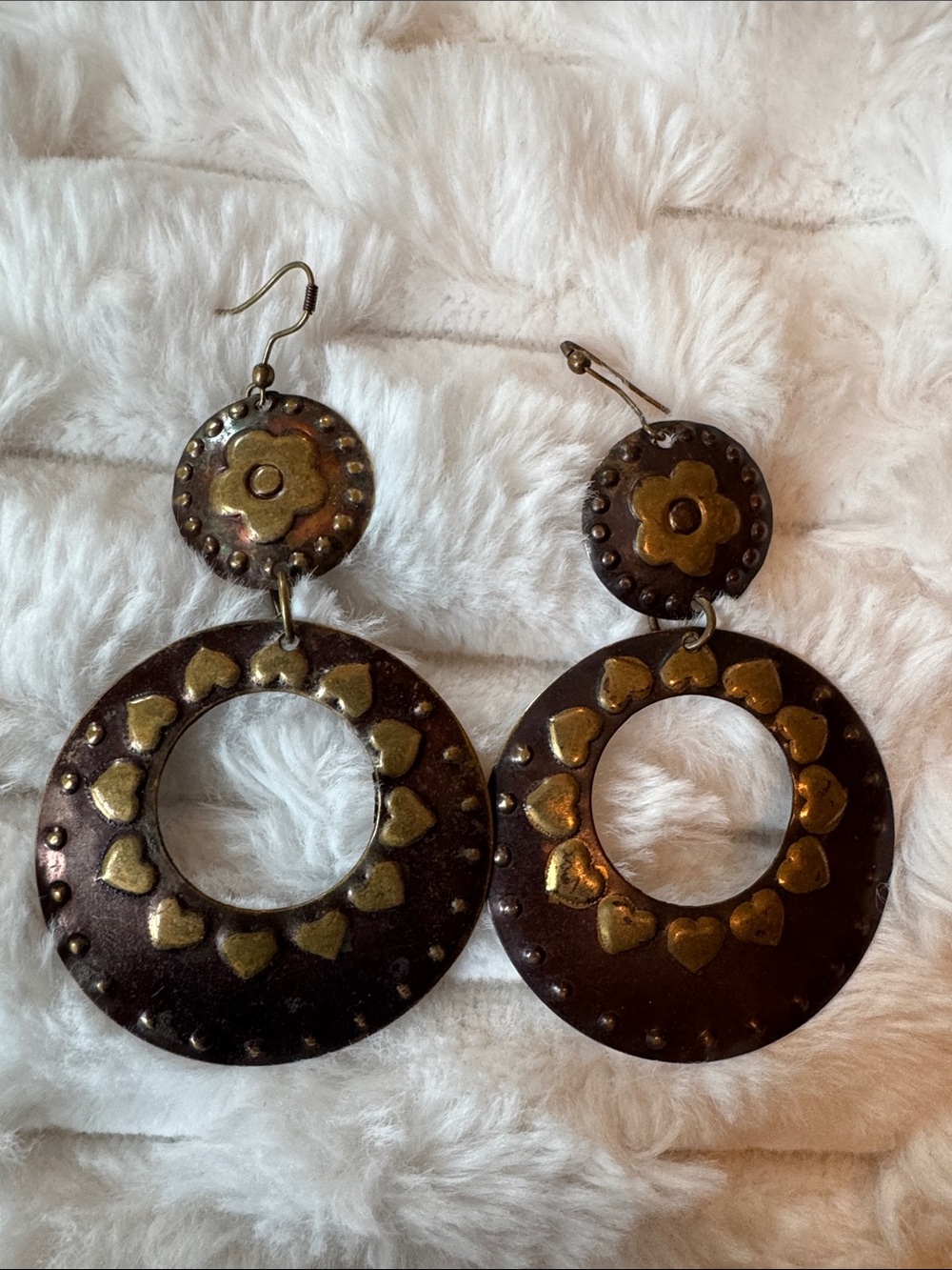 Handcrafted Brown and Gold Heart Hoop Drop Earrings